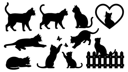 Black cat silhouettes collection, set of 10 feline vector elements in various poses, domestic cat icons with heart and fence details © Shahida