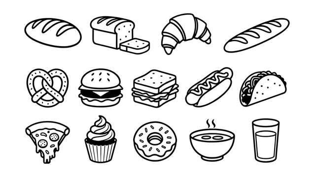 Minimalist bakery and fast food icon set, 14 black and white line art food elements, hand drawn bread and snack vector illustrations for restaurant menus