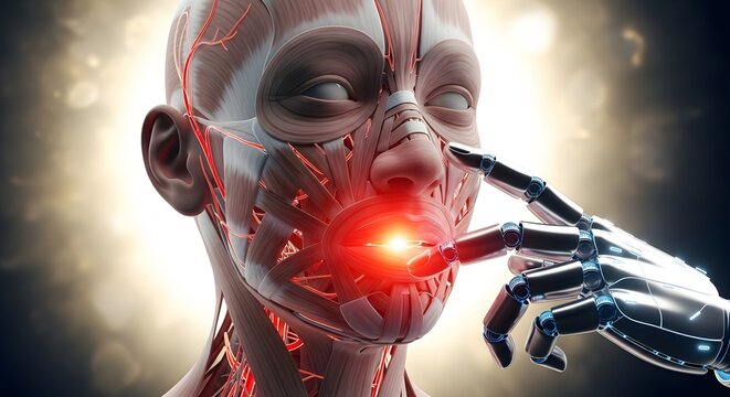 Facial nerve pain and trigeminal neuralgia. Medical technology and robotic diagnostics. Anatomical model showing glowing red nerves being touched by a metallic finger