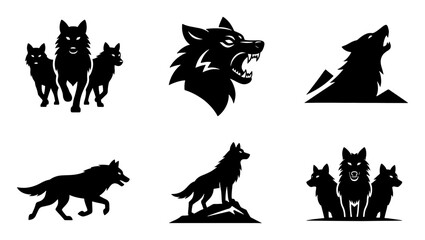 Fototapeta premium Wolf silhouette vector icons, black wolf pack and howling predator graphics, set of 6 wild animal mascot logos for sports and outdoors