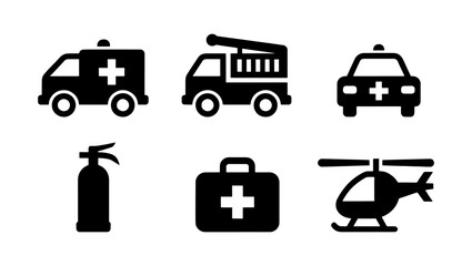 Emergency services icon set, black minimalist rescue vehicle silhouettes, 6 vector elements for medical and fire safety logistics © Shahida