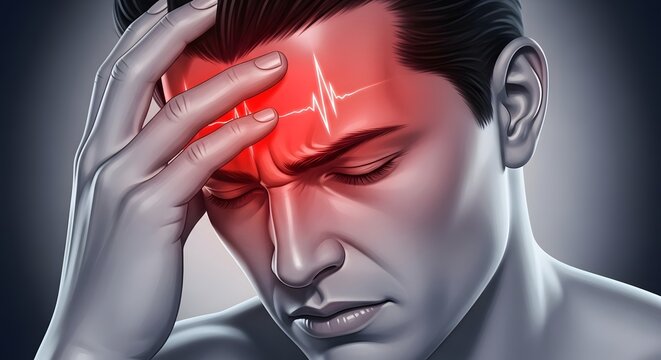 Throbbing sinus headache and forehead tension. Cardiovascular health and blood pressure. Man pressing hand to head with heartbeat pulse line graphic on forehead