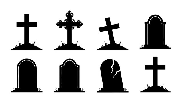 Spooky Halloween gravestone silhouettes, set of 8 cemetery tombstone icons and burial crosses, black graveyard headstone vector elements
