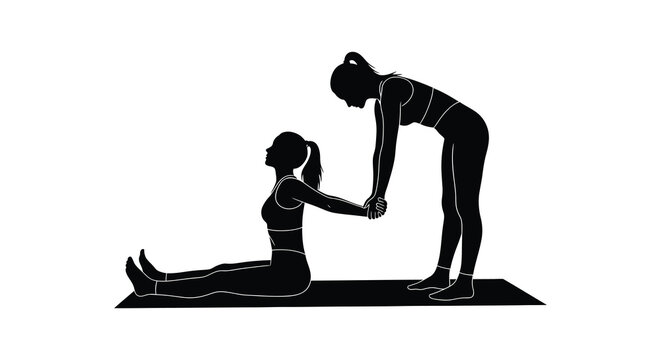 Two women practicing partner yoga poses one assisting the other in a forward fold silhouette high quality professional detailed modern elegant