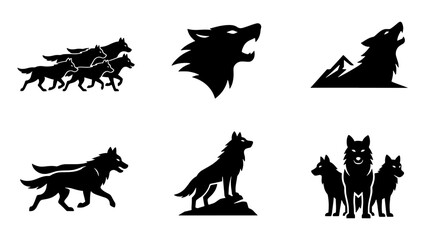 Wolf silhouette icon set, howling wild animal vectors, 6 black wolf logos © Rohan