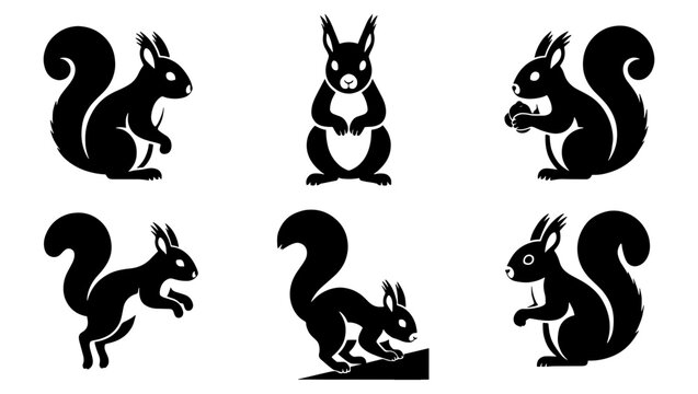 Black squirrel silhouette icons set, 6 vector squirrel illustrations in various poses, minimalist forest animal graphics for nature branding