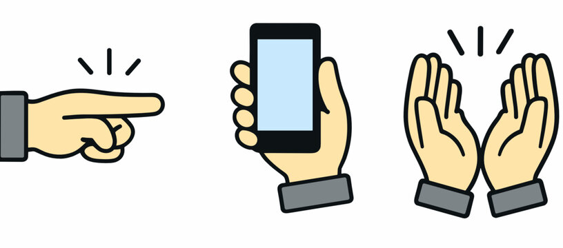 A clean gesture set combines a pointing hand, a phone in hand, and open clapping palms. Modern outline vector for mobile interface, onboarding steps, user actions, and reaction concepts.