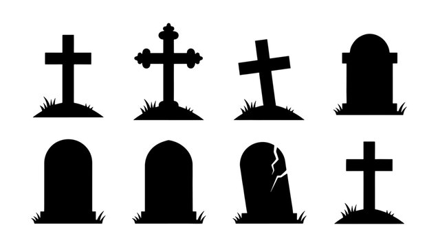 Spooky graveyard headstone silhouettes, set of 8 tombstone icons with crosses and cracked stone, black cemetery grave markers for Halloween design