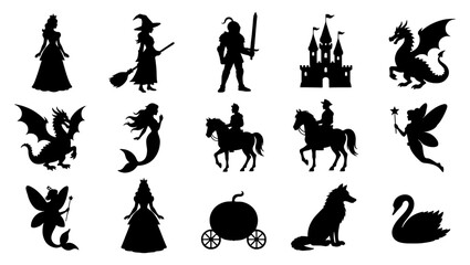 Fairytale silhouette icons, 15 fantasy character vectors, magic story set © Rohan