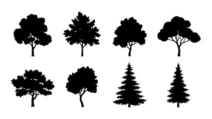 Black tree silhouettes collection, set of 8 deciduous and coniferous tree icons, minimalist forest plant vector elements for landscape design © Rohan