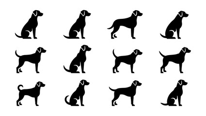 Fototapeta premium Labrador Retriever dog silhouettes set, 12 black canine vector icons, standing and sitting pet animal profiles for veterinary and pet care branding
