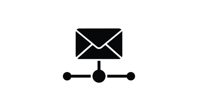 Black silhouette icon of an envelope connected to a network representing email communication and connectivity.