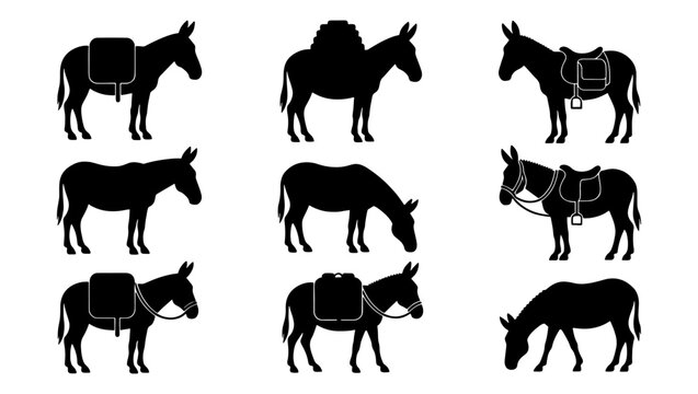 Donkey silhouette vector set, pack animal icons with saddle and luggage, domestic burro and mule silhouettes for farm and travel design