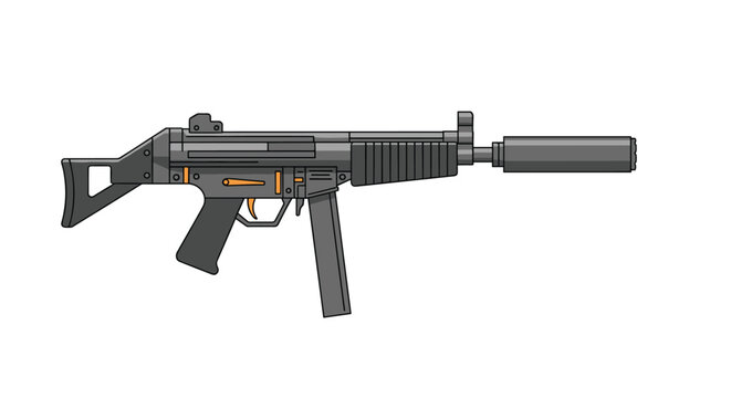 Side view illustration of a modern submachine gun with a silencer for military and tactical equipment concept.
