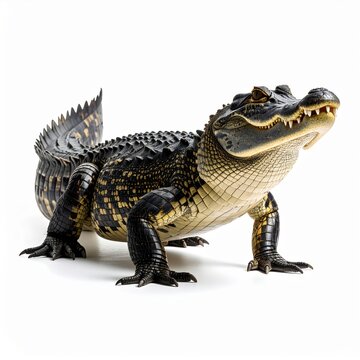 Detailed studio photograph of an American alligator standing on all four legs against a pure white background, showing scaly skin texture, sharp teeth, claws, and tail.