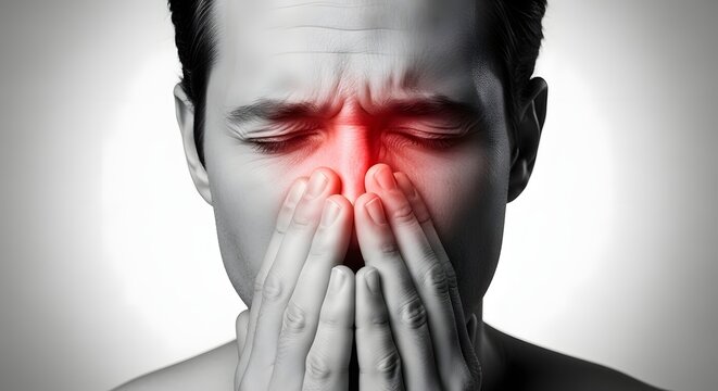 Nasal congestion and sinus pressure discomfort. Flu symptoms and respiratory health. Man holding his nose and face with both hands while suffering from intense sinus pain