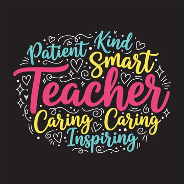 Teacher appreciation word cloud design with adjectives like patient and kind vector illustration.