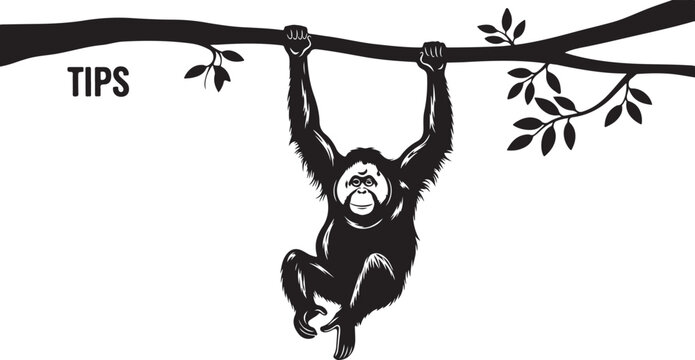 Black and white of a monkey hanging from a tree branch