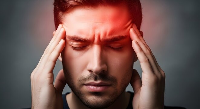 Severe tension headache and mental stress in adult male. Occupational burnout and migraine relief. Man touching temples with glowing red area on forehead