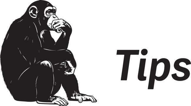 Black and white of a monkey thinking with text gorilla