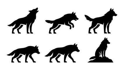 Wolf silhouette vector set with 6 animal icons, howling wolf and running predator silhouettes, black wildlife wolf pack graphics for logos © Ripa