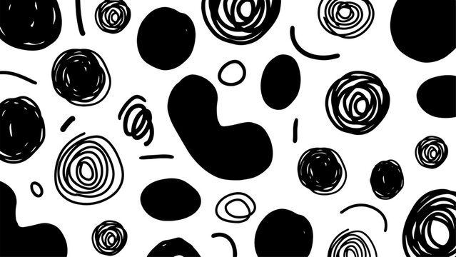 Hand drawn abstract pattern with black ink circles and organic shapes, minimalist doodle background vector, monochrome artistic texture for textile design
