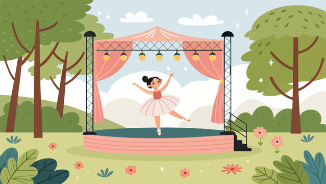 Young ballerina girl performing on outdoor stage in park with pink tent and trees