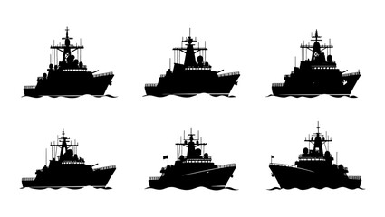 Military warship silhouette collection, set of 6 navy destroyer and frigate vector icons, black battleship profiles on white background © Ripa
