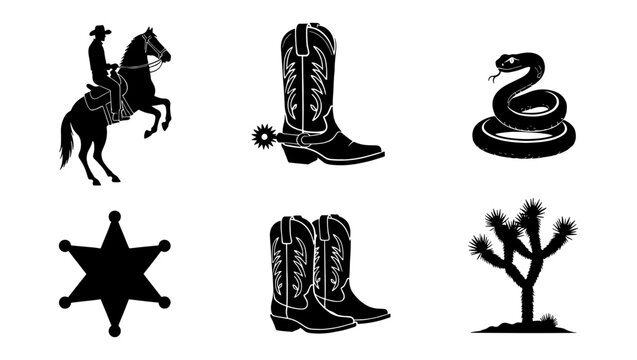 Vintage wild west silhouette collection, 6 western icons including cowboy on horse and boots, rustic desert elements and sheriff star vector set