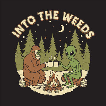 Bigfoot and an alien drinking coffee by a campfire in the woods vector illustration.