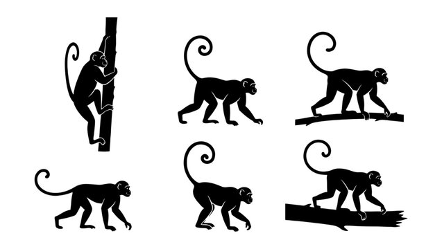 Black monkey silhouette collection, set of 6 primate vector icons, wild monkey climbing and walking on branches, jungle animal silhouettes