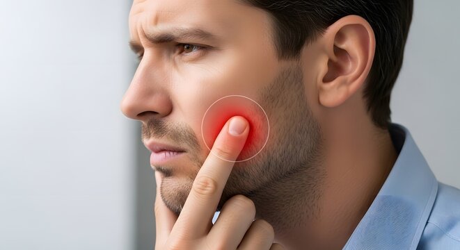 Facial nerve pain and tooth sensitivity. Trigeminal neuralgia and dental ache. Side profile of a man pressing his finger against a painful glowing red spot on his cheek or jaw