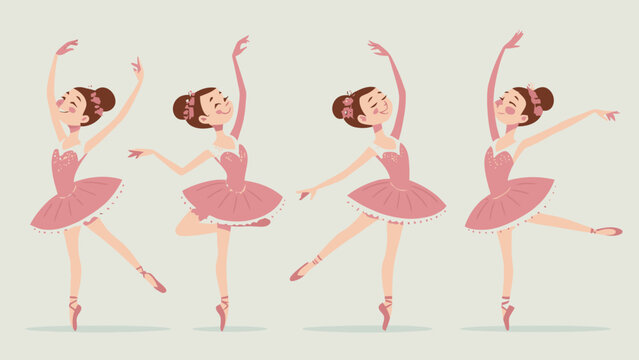 Four pink ballerina cartoon characters in various dance poses on light background