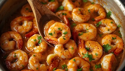 Fototapeta premium Italian shrimp scampi on a skillet, close-up