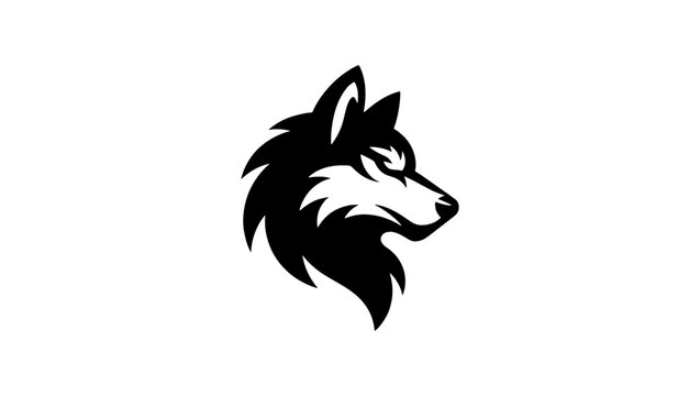 Minimalist wolf head vector logo, black and white husky profile mascot, stylized wild animal silhouette for sports branding and identity