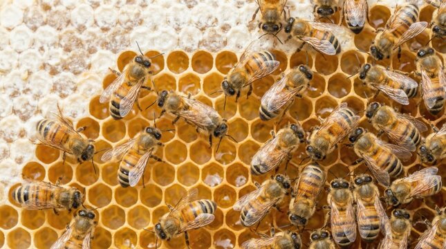 Honey bees are busy filling hexagonal cells of a beeswax honeycomb with golden honey, showcasing the intricate work of the bee colony inside the natural hive