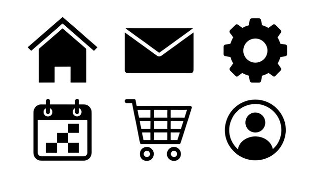 Minimalist black web icon set, 6 essential interface symbols for website navigation, flat vector icons for mobile app design and ecommerce