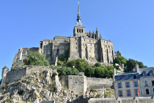 Tidal Island of Mont-Saint-Michel, Normandy, Northern France - Low Angle Focus on Monastery