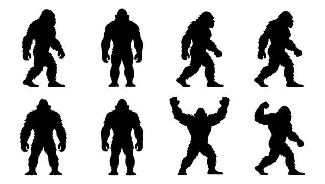 Bigfoot silhouette collection with 8 vector elements, mythical sasquatch creature in various poses, yeti and cryptid monster shapes for outdoors branding