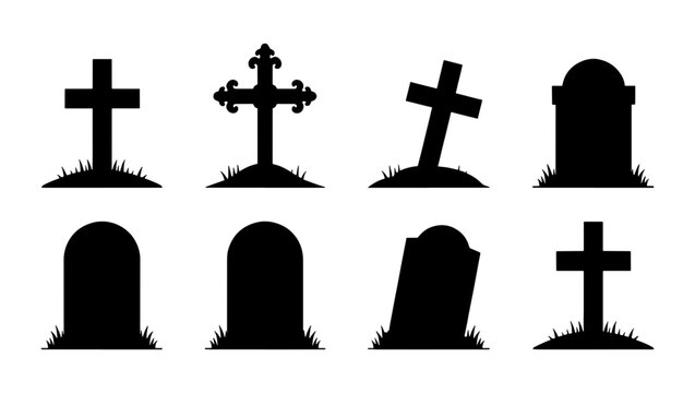 Spooky Halloween tombstone silhouettes, set of 8 cemetery gravestones and crosses, black graveyard headstone icons for funeral or horror design