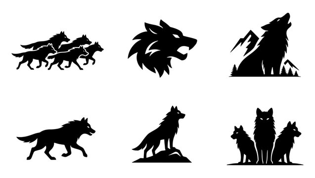 Wolf silhouette vector set, black howling wolf and pack of wolves icons, wild animal mascot logos for sports and outdoor branding