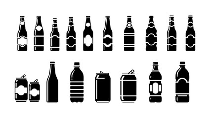 Black beverage bottle icons set, 17 vector drink containers and aluminum cans, minimalist soda and beer bottle silhouettes for packaging design