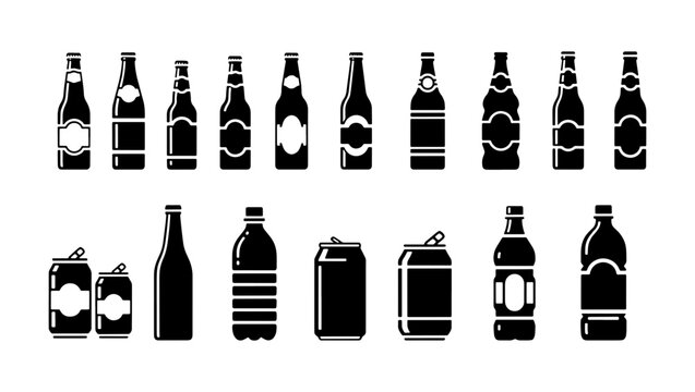Black beverage bottle icons set, 17 vector drink containers and aluminum cans, minimalist soda and beer bottle silhouettes for packaging design