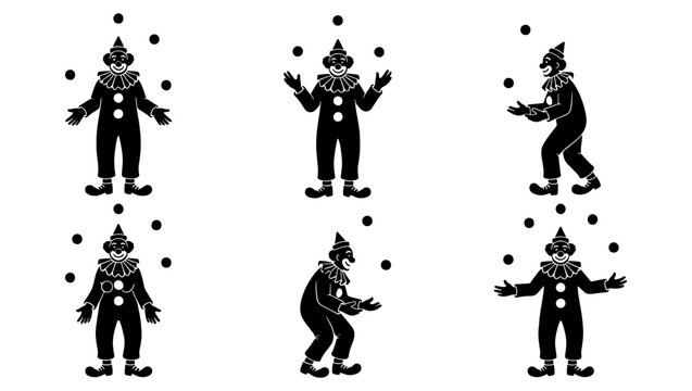 Vintage circus clown silhouette set, juggling performer vector icons, traditional carnival entertainer characters in black and white