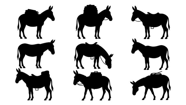 Donkey silhouette vector set, 9 pack animal icons with saddles and luggage, black mule and burro silhouettes for farm and travel design