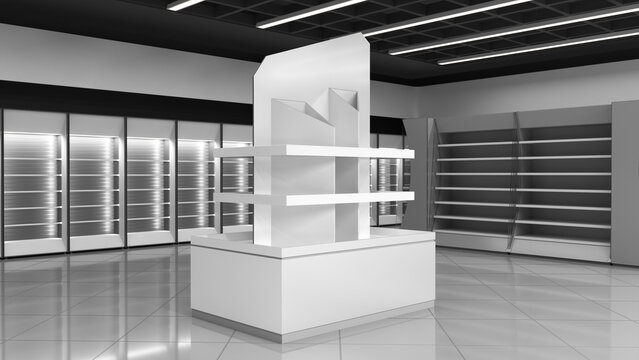 A cardboard POS pallet display stand in a retail store interior. 3d illustration