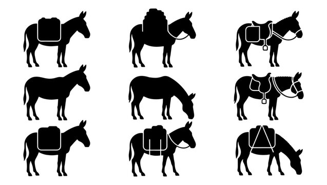 Donkey silhouette icons set of 9 vector elements. Pack animal silhouettes with saddles and cargo bags. Mule and burro farm animal graphics for agriculture and travel.
