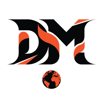 Modern DM Monogram Logo Design with Globe and Orange Dynamic Swoosh
