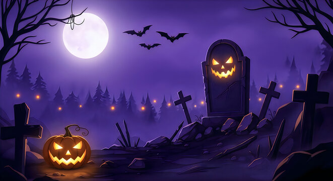 Spooky halloween night with glowing jack o lanterns and bats under full moon