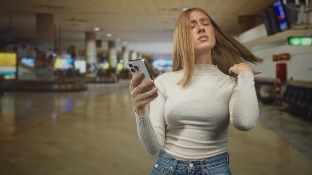 Woman in white sweater holding smartphone gestures palm up with furrowed brow in busy airport terminal near baggage claim; missed connection frustration.